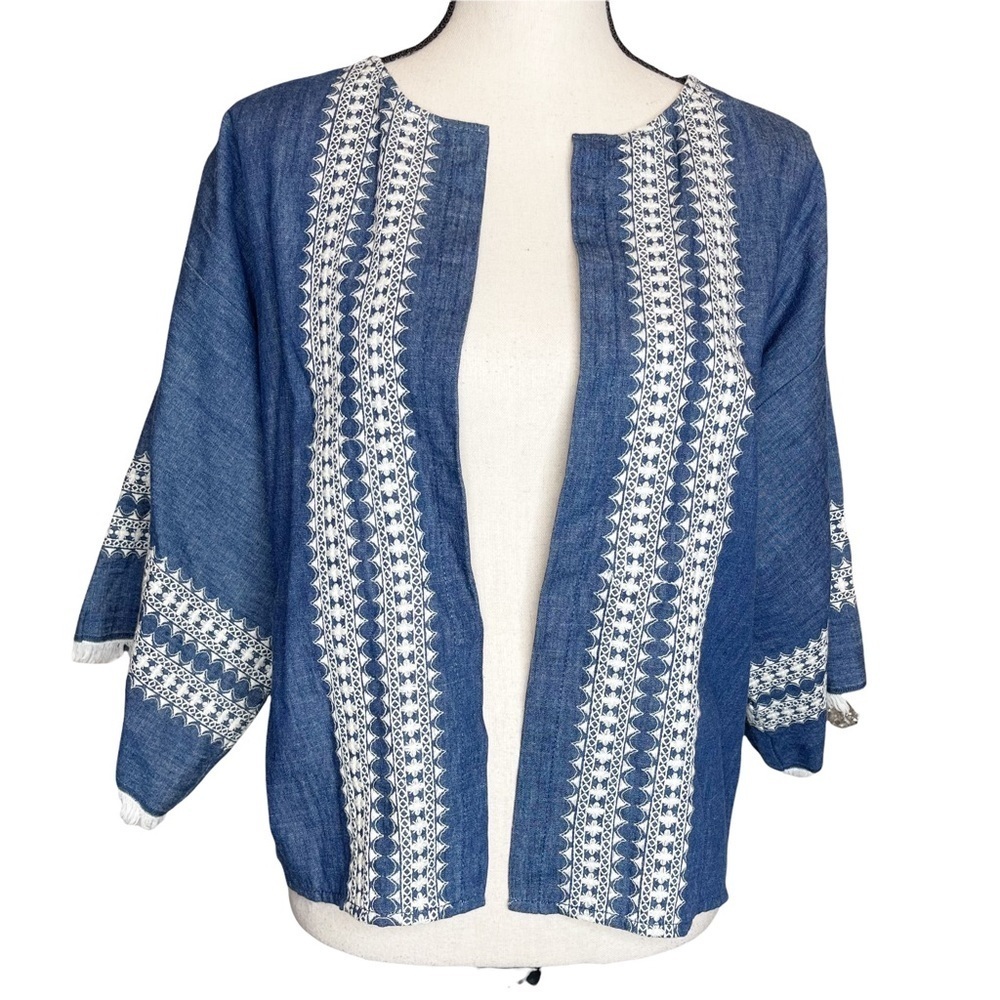 Karen Kane Chambray‎ Geometric Embroidered Boho Cottagecore Peasant Cardigan
